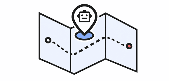 Isometric map with a dashed path from start to finish, a location pin, and a robot icon